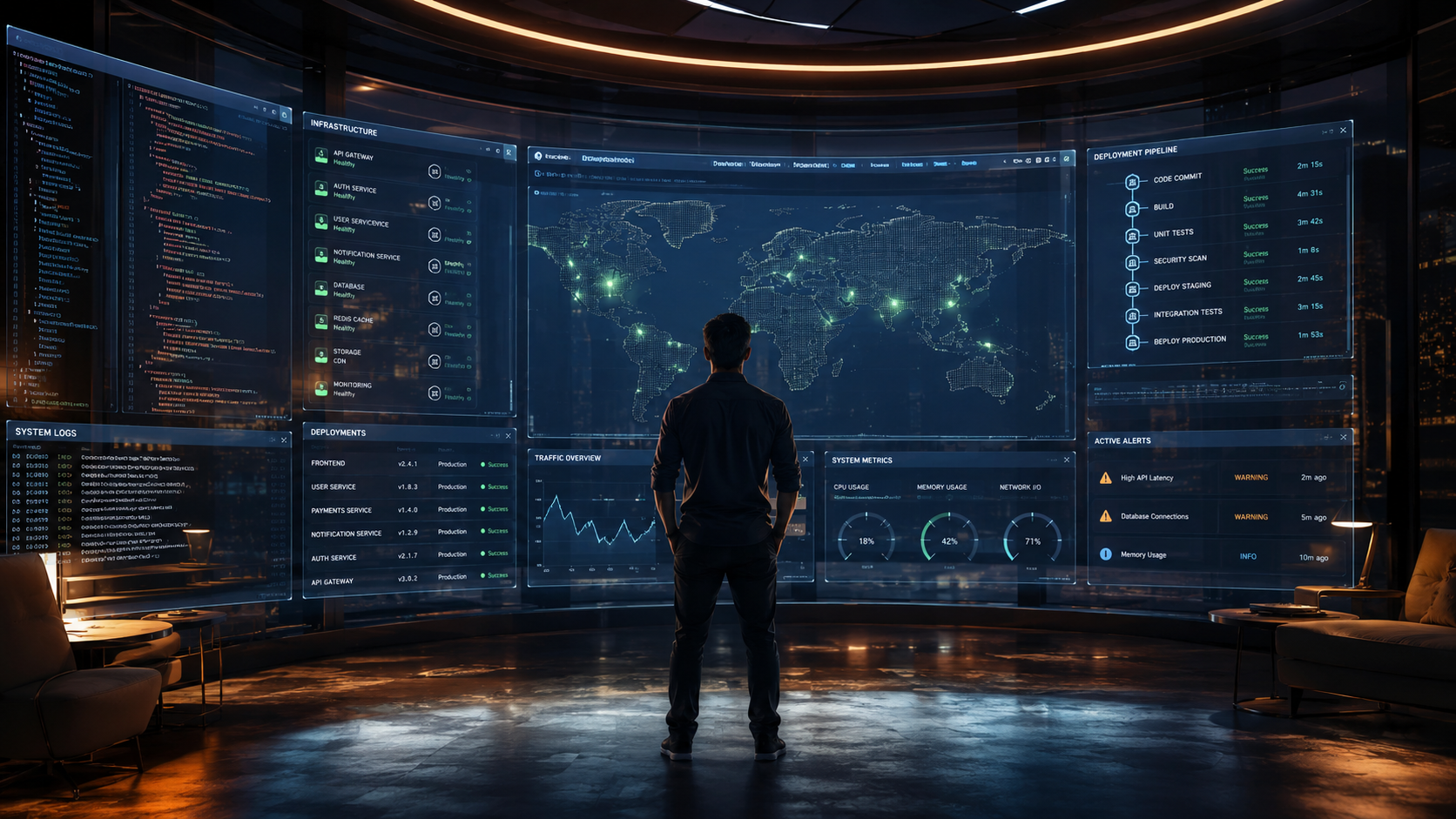 A single operator commanding a holographic ops room with global deployment pipelines.