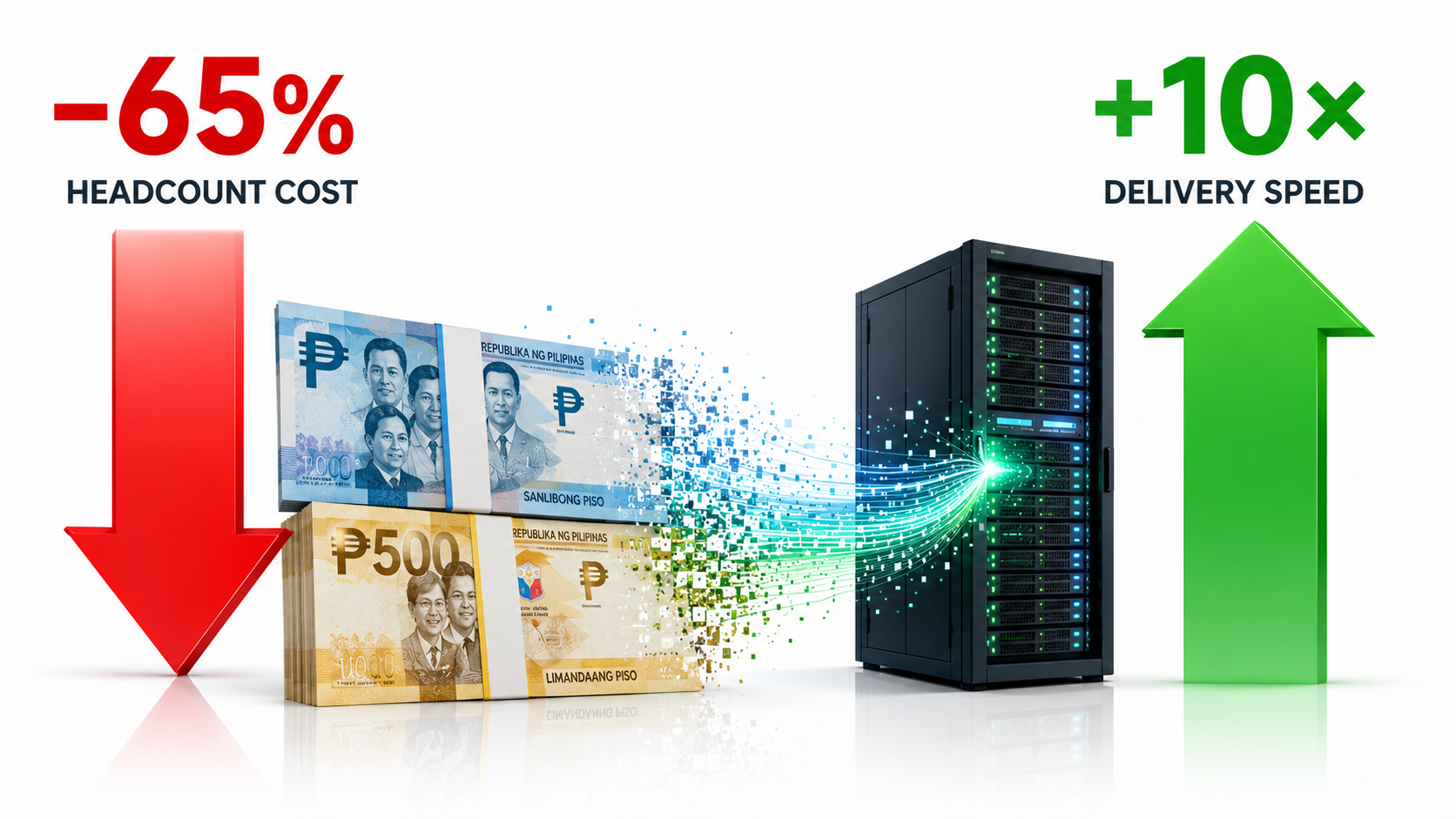 Cost savings visualization: dramatic headcount cost down, delivery speed up.